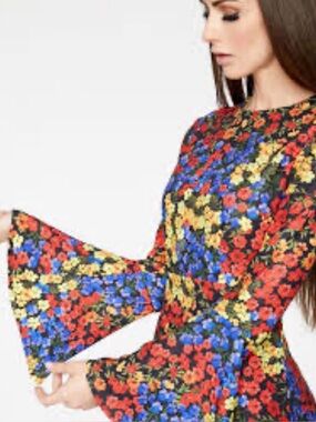 #0008- Hey You Dress 
Black Floral Mini 
Red, Blue & Yellow Blooms
Size Large